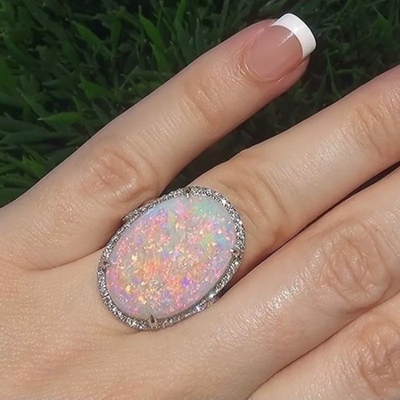 NEW Sterling Silver Huge Opal Diamond Ring - Picture 2 of 7